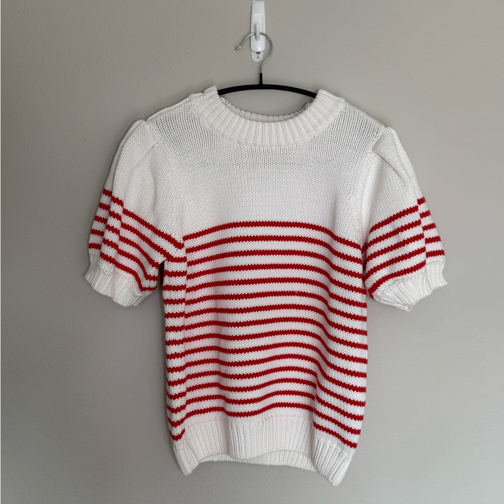White & Red Stripe Puff-Sleeve Knit Top - small